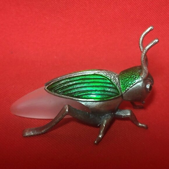 Decorative Scarab Beetle Metallic Silver Colored Body Green Textured Back - Picture 3 of 10